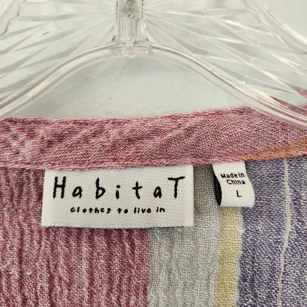Habitat Top Womens L Pink Gray Plaid Crinkle Button Linen Blend Boho Chic Preppy - Picture 4 of 11